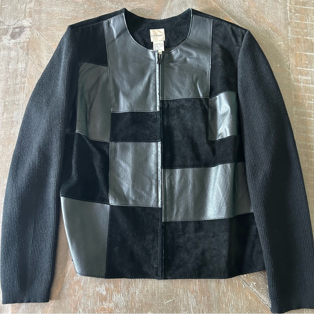 Massini Black Leather Jacket with Patchwork Design